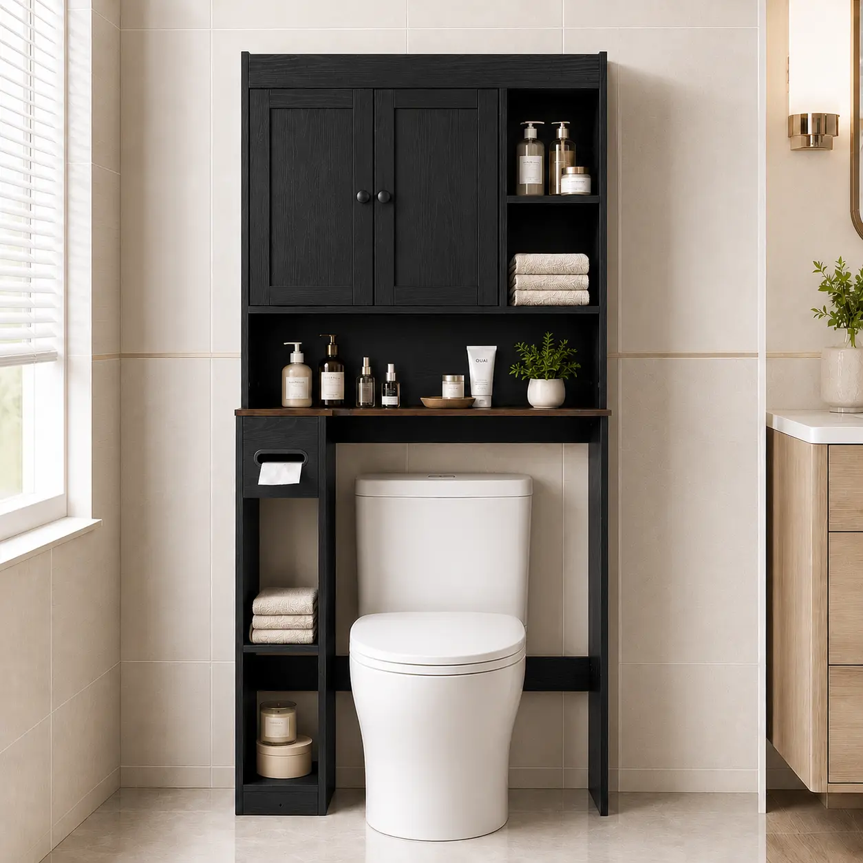 Black Farmhouse Bathroom Toilet Storage Cabinet - 2-Door Indoor Cupboard with Toilet Paper Holder, Laundry Room Storage Unit