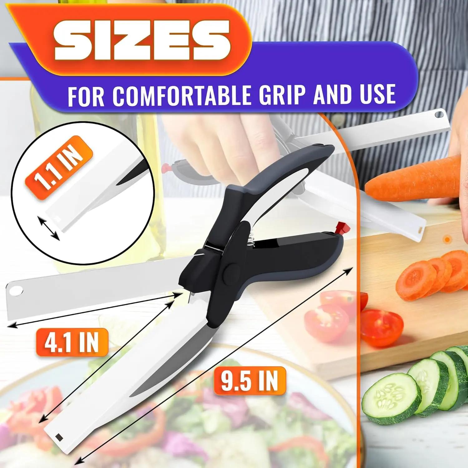2 in 1 Kitchen Scissors Food Cutter, Stainless Steel Vegetable and Meat Cutting Shears with Built-in Cutting Board & Safety Lock