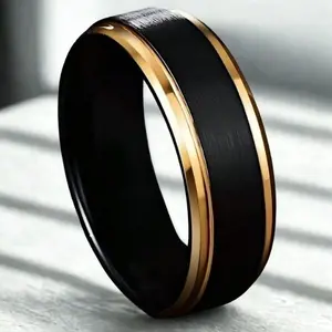 Wedding Jewelry, Black & Gold Tone Stainless Steel Couple Tungsten Ring | Unisex Engagement Band with Fantasy Minimal Design, Daily Wear, Birthday Gift, Father's Day, Christmas. Valentine