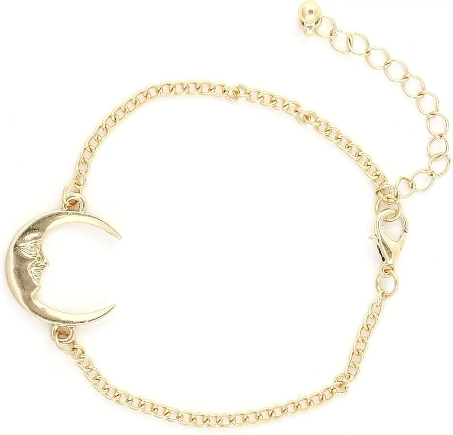 Crescent Moon Bracelet Gold Tone Man in The Moon Chain Bangle Fashion Jewelry 9 Inch Chain Adjustable Fit Elegant Design
