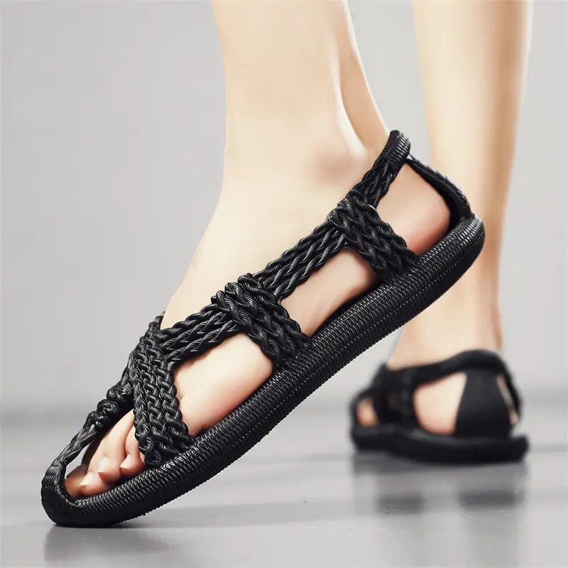 Men's Vintage Braided Open-Toe Below-the-Ankle Wedge Sandals - Slip-On, PVC Upper, Soft Non-Slip Rubber Sole, Breathable Quick-Dry Lightweight All-Day Comfort Footwear for Casual Walking, Outdoors