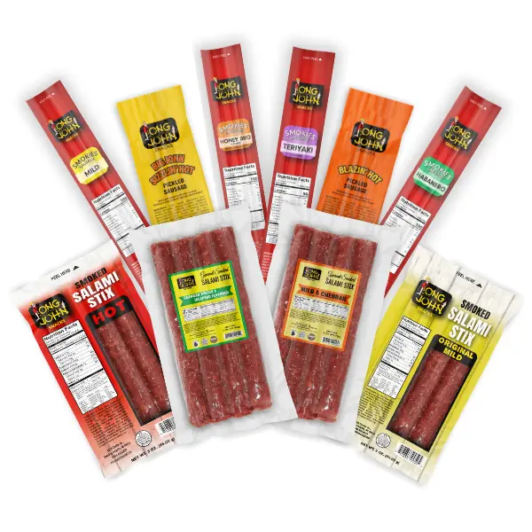 Long John Snacks Starter Pack Sampler Bundle Sticks - Dried Salami, Pickled Sausage, Snack Sticks Dry Beef Jerky Chew