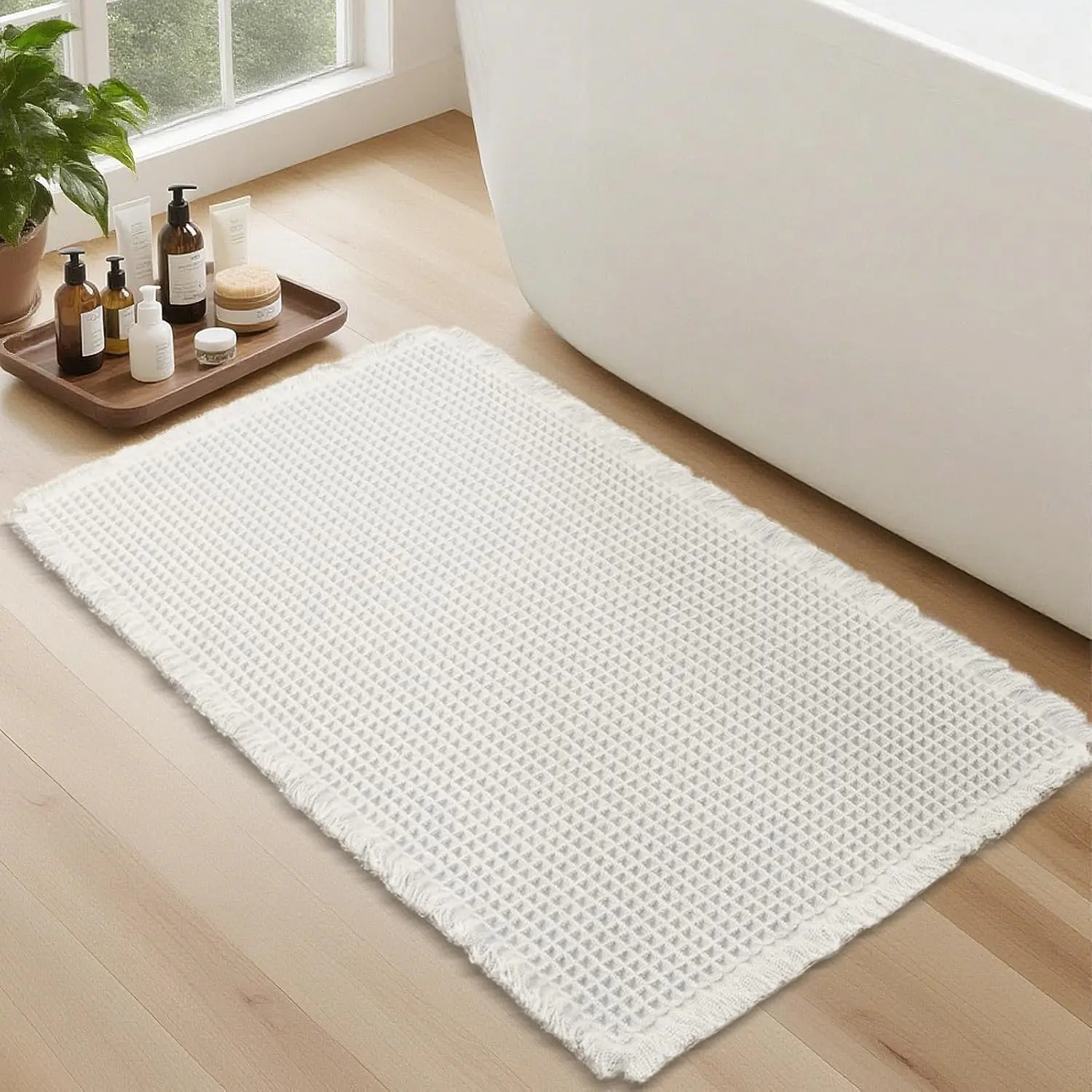 Waffle Bathroom Rugs, Super Absorbent Boho Bath Mats, Non-Slip Shower Mats for Bathroom Floor and Tub, Ultra Soft Waffle Weave Runner Mat, Quick Dry, Cream, 18x30 Inch