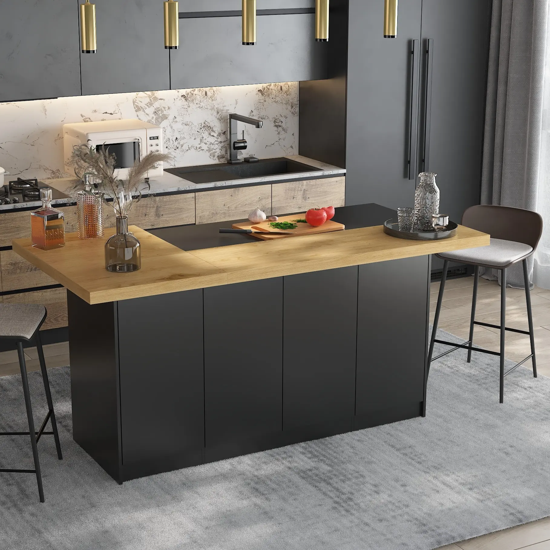 FUFU&GAGA 77.3" W Stationary Kitchen Island Storage Cabinet with Adjustable Shelves, Spacious Countertop, 14 Storage Compartments & Doors for Dining Room, Black