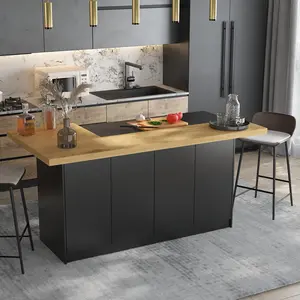 FUFU&GAGA 77.3" W Stationary Kitchen Island Storage Cabinet with Adjustable Shelves, Spacious Countertop, 14 Storage Compartments & Doors for Dining Room, Black