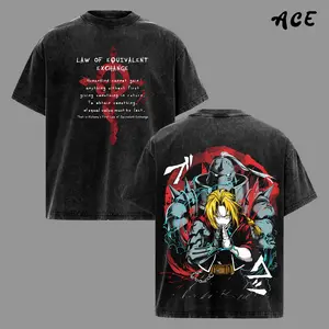 Edward & Alphonse Fullmetal Alchemist Vintage Washed Oversized T-Shirt, Double Printed Heavy Cotton Anime Tee, Manga Streetwear Graphic Top for Otaku Fans