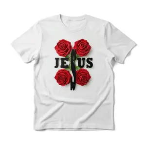 Jesus T-Shirt with Red Roses Design for Men and Women Womenswear