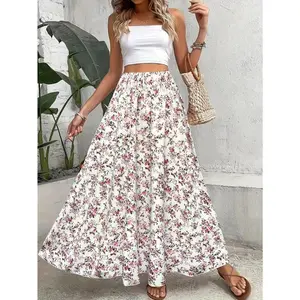 Floral Print A-Line Skirt, Elegant Elastic High-Waist Skirt for Spring and Summer, Women’s Clothing Fabric/Womenswear