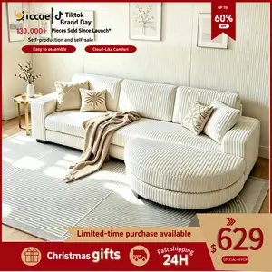 【Sub 3 packages】Niccae Modern Floor Sofa with 2 Pillows, Convertible Teddy Fabric Foam Filled Sleeper Sofa, Corduroy Tufted Upholstered Lounger, L-Shaped Modular Sectional with Ottoman, Left & Right Placement, Home Office Living Room Bedroom Apartment, Co