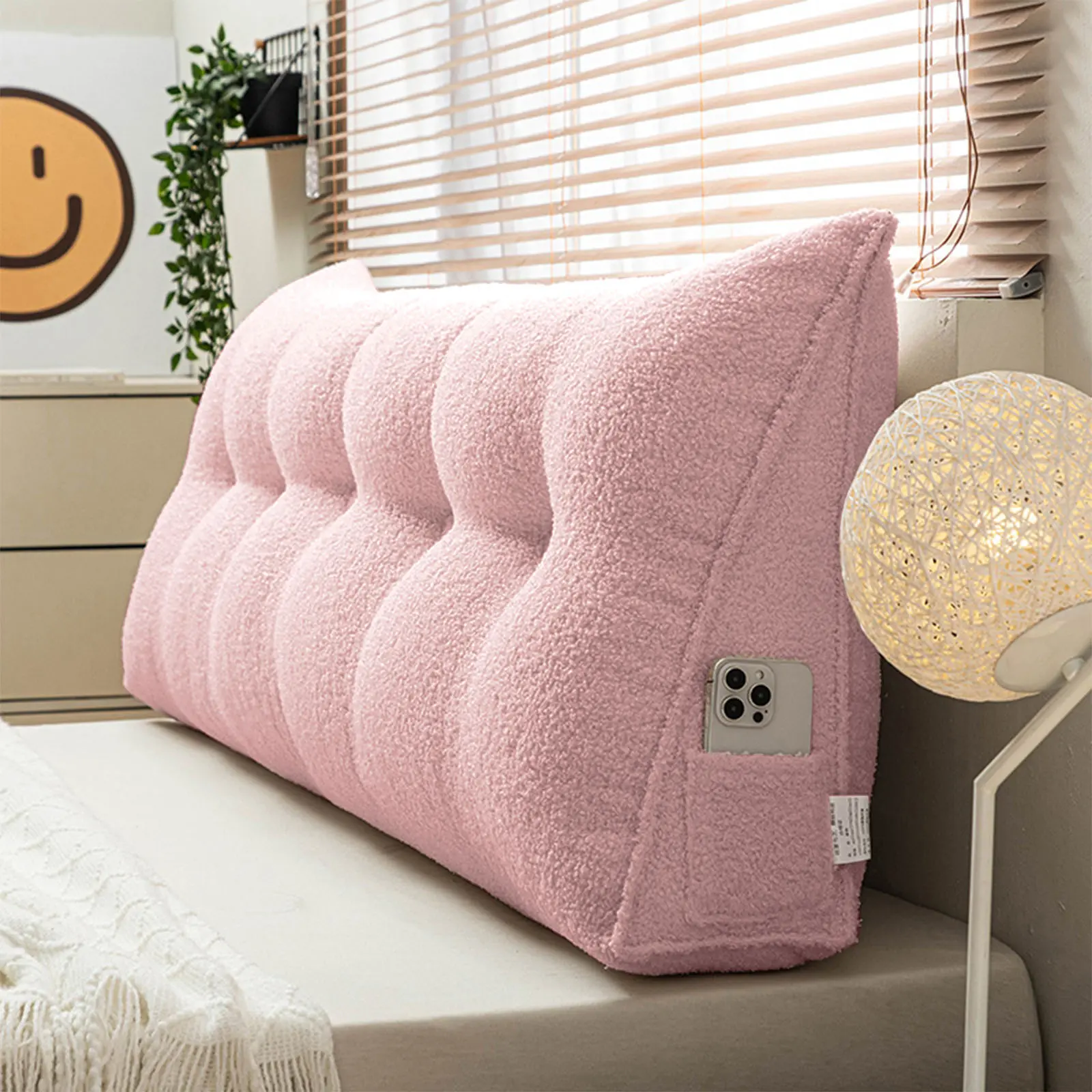 Teddy Fleece Velvet Pillow Headboard, Ergonomic Triangular Wedge Bed Rest with Side Pockets, Removable Cover, Supportive Head Cushion for Reading Nook & Backrest Support