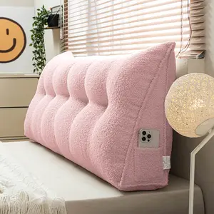 Teddy Fleece Triangular Headboard Wedge Pillow with Side Pockets Removable Cover Bed Rest Reading Pillow Bolster Backrest Support Cushion