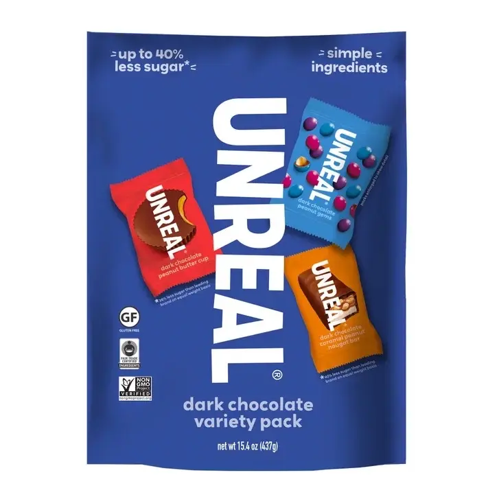 UNREAL Dark Chocolate Variety Pack 15.4 oz - 3 Real-Ingredient Snacks Peanut Butter Cups Gems & Caramel Nougat Bars - Up to 40% Less Sugar - Individually Wrapped for Sharing Dessert