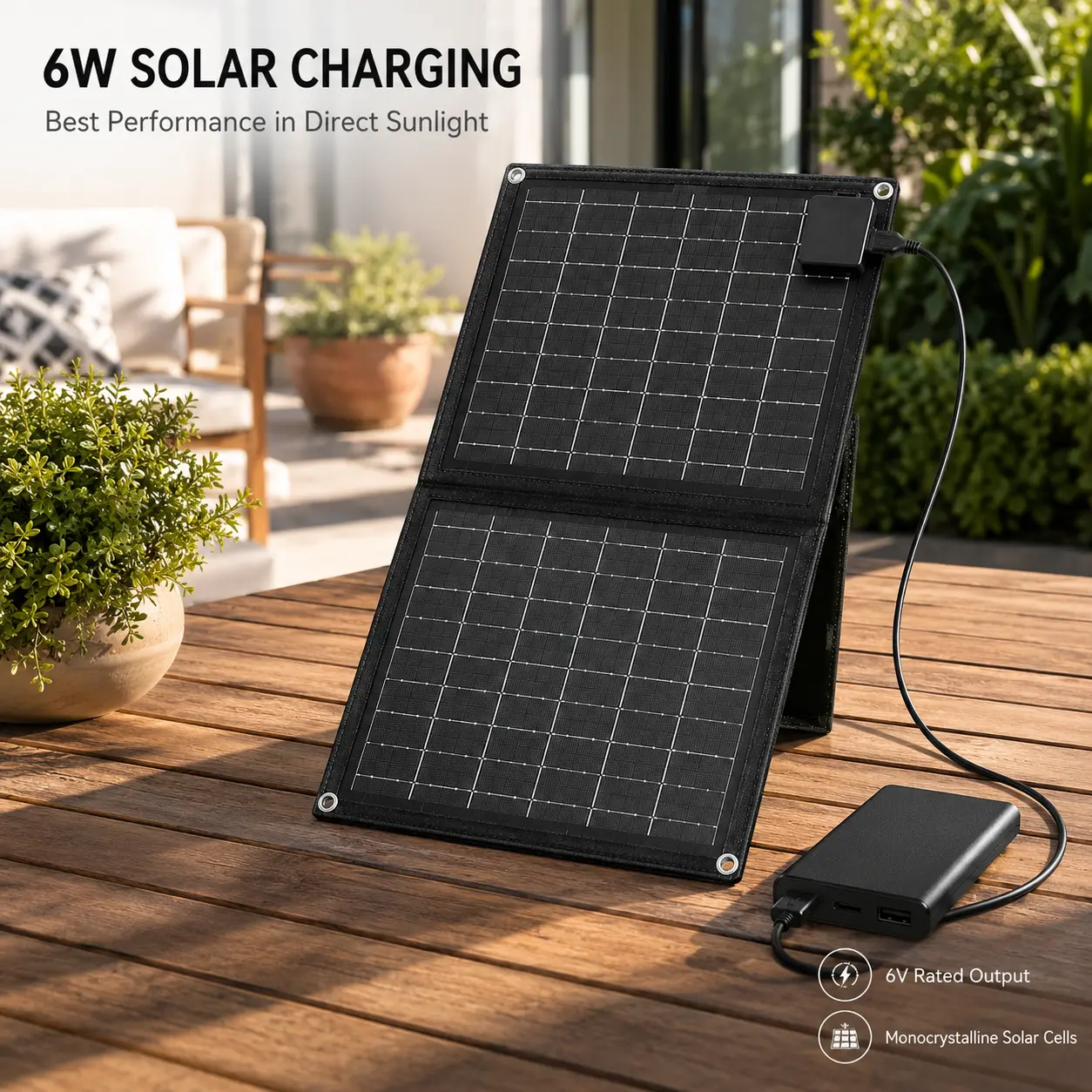 6W 6V portable foldable solar charging panel, lightweight single‑crystal silicon solar power bank for camping, hiking, travel, and emergency backup