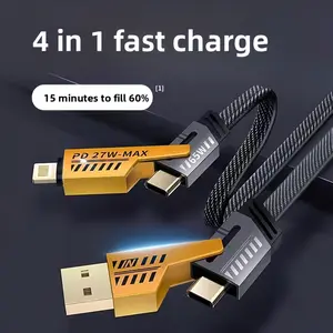 4-in-1 USB-C Cable, PD 65W Fast Charging Cable & Data Sync,Flat Braided Charger Cord with Type C/USB A for Laptop iPhone iPad MacBook Samsung ect-5ft (Yellow)