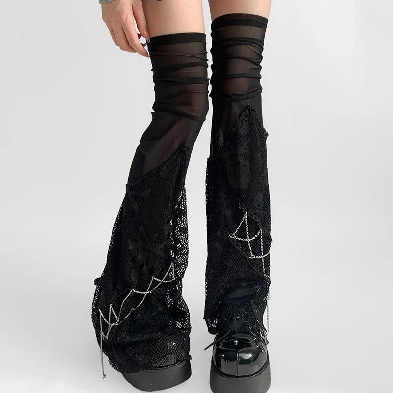 Gothic Skull Black Chain Lace Knee-high Stocking Punk  Calf Socks Sexy Party Mesh Long Spliced Leggings Cosplay Women's Socks