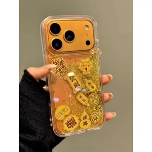Luxury Floating Elements Gold Quicksand Case for iPhone 17 16 15 Pro Max Get Rich Clear Back Cover Hard Dynamic Liquid Capinha