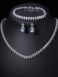 Elegant Artificial Zircon Teardrop Jewelry Set, Including Necklace & Dangle Earrings & Bracelet, Fashion Jewelry Accessories for Women As Gift