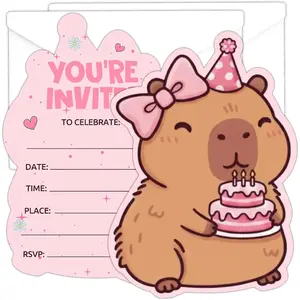 Cute Capybara Birthday Invitations for Girls, 20 Sets Fill-in Style Pink Capy Animal Theme Party Invitation with Envelopes, Birthday Party Favor & Decoration 5x7 inch