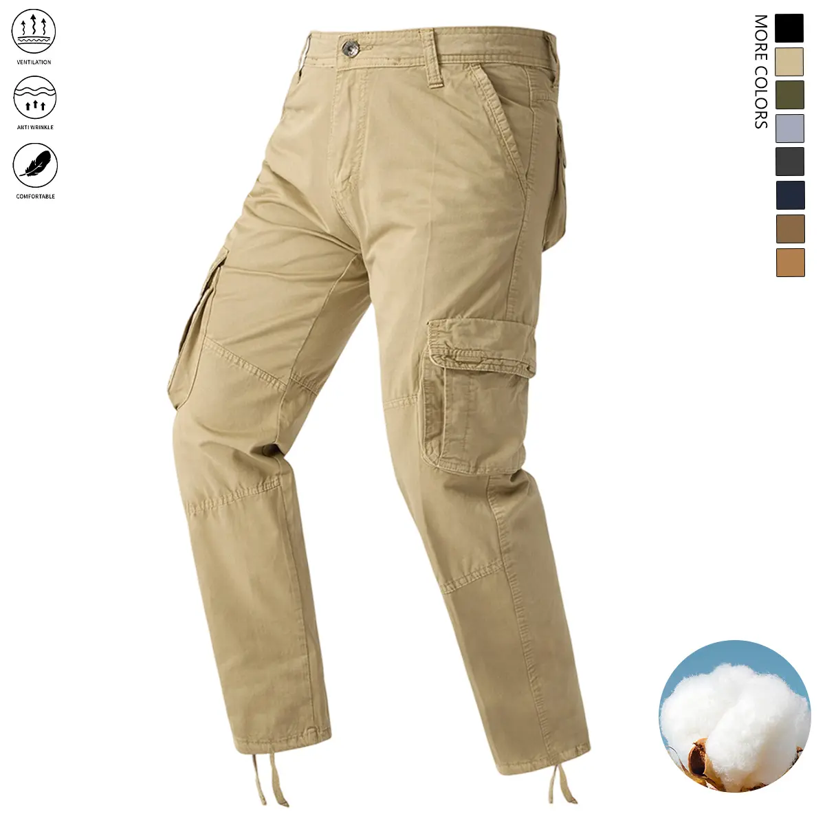 Men's Pure Cotton Non-Stretch Regular Fit Cargo Trousers - Plain, Retro Style, Mid Waist, Button Closure, Multiple Functional Pockets, Machine Washable, for Outdoors, All Season Menswear Bottoms, Trouser, Utility Style