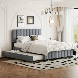 Velvet Queen Platform Bed with 2 Storage Drawers & 1 Twin XL Trundle, Upholstered Queen Size Bed Frame with Headboard for Bedroom, No Box Spring Needed