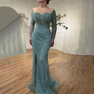 Arabic Turquoise Elegant Mermaid High Split Beaded Evening Dress: Gown for Women's Wedding Party 2025
