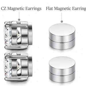 Stainless Steel Stud Earrings,Magnetic ear studs for Men Women Non Piercing Clip on CZ Earrings Black Silver
