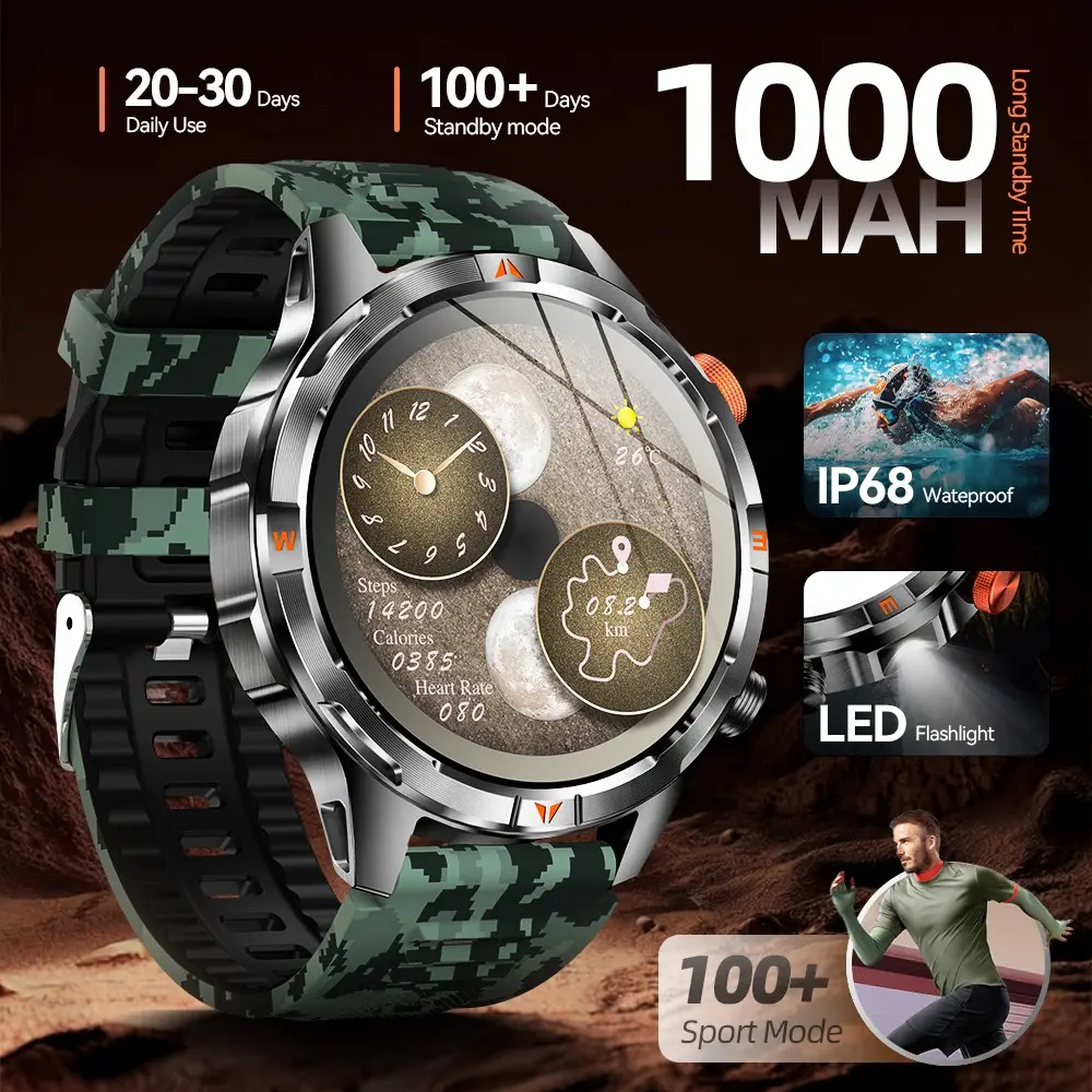 Men's Sports Fitness Smartwatch, Sports Smart Watches, 1000mah Battery, Metal Body, IP68 Waterproof, Compass, LED Light, 60Hz High-Refresh Screen, One-Touch Calling, Message Notifications, 100+ Sports Modes, Compatible with Android & iPhone
