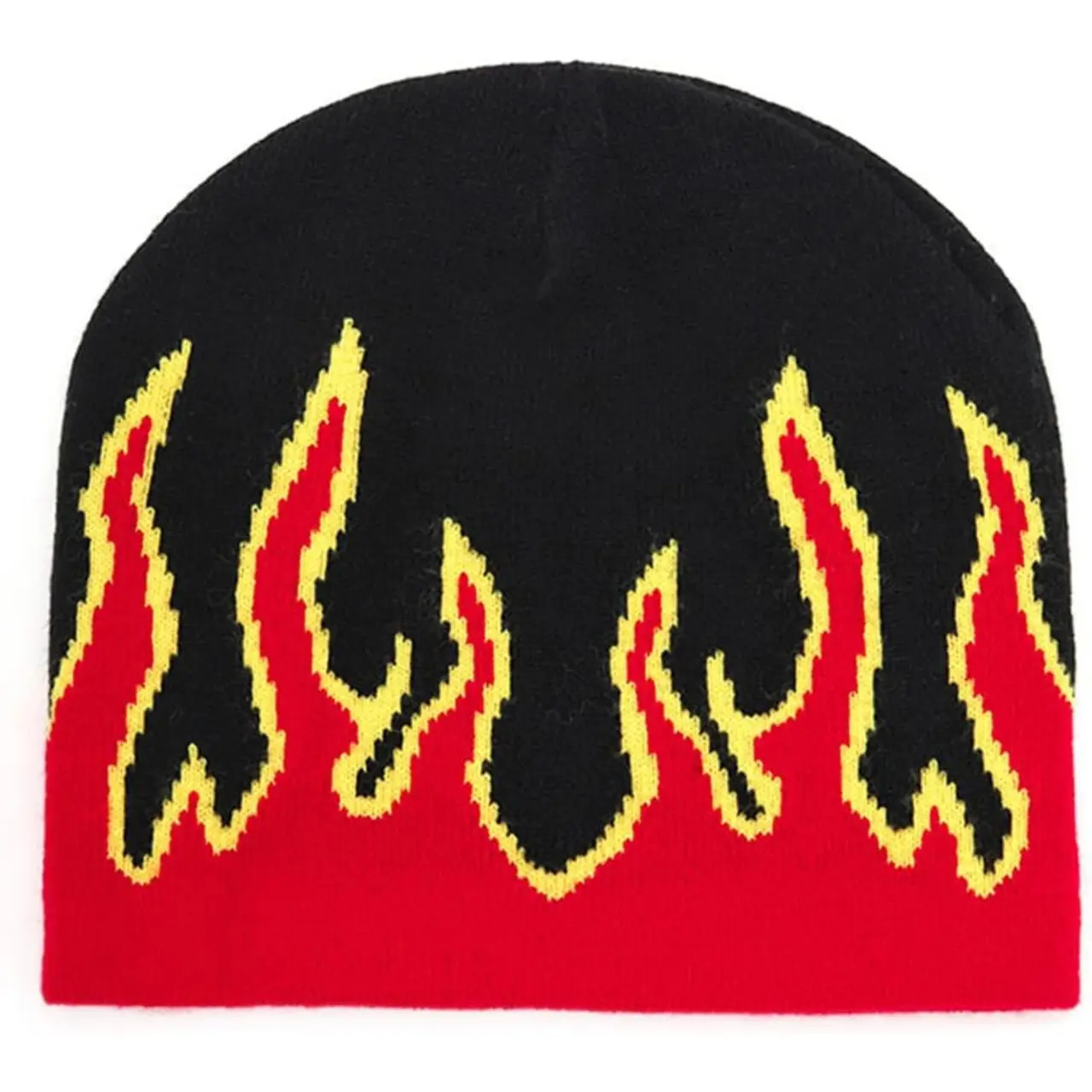Y2K Fire Flame Beanie Baggy Slouchy Knit Rock Punk Ski Hat Skull Cap