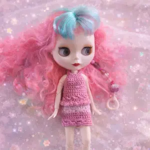 Blythe Doll with Handmade Crochet Set - Pink Dress & Blue Hair - Collectible Toy