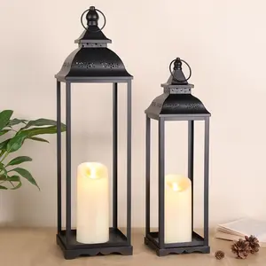 2 Pack Large Lanterns Decorative Indoor, Black Farmhouse Outdoor Lantern for Porch, Tall 22'' 17'' Lantern Decor (no Glass) with 2 count Flameless Candles for Wedding  Table Front Door