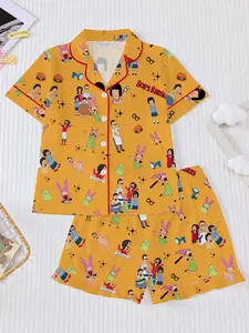 Children's Bob's Burgers cartoon pajamas short sleeved shorts two-piece set, skin friendly and breathable home wear, flame retardant new lapel short sleeved button up shirt and shorts style, orange full print Bob's Burgers cartoon matching burger, glasses