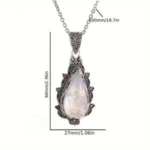 An Elegant Teardrop Moonstone Pendant Necklace for Women with Delicate Polygonal Pattern Collarbone Chain Accessory - Perfect for Casual Attire and Special Occasions