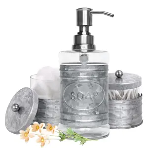 Autumn Alley 3-Piece Rustic Galvanized Bathroom Accessory Set with Liquid Soap Dispenser Apothecary Jars and Ball Handles for Farmhouse Style