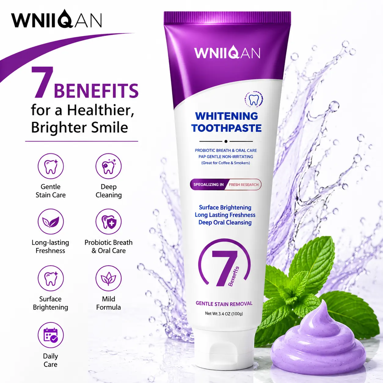 WNIIQAN Whitening Toothpaste, Probiotic Oral Care Toothpaste, Fresh Breath Formula, Gentle Enamel Care, Daily Smile Care