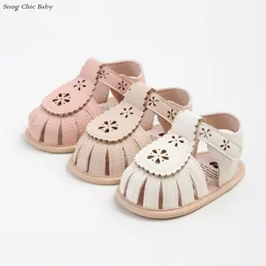 Baby Girl's Floral Toe Sandals - Hollowed-out floral faux leather summer flat shoes with adjustable straps, cute newborn walking sandals (0-18 months)