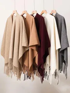 Women's Solid Color Tassel Decor Cape Shawl, Casual Fringe Trim Long Shawl for Fall & Winter, Fashion Clothes Accessories for Women & Girls, Trendy Solid Shawl