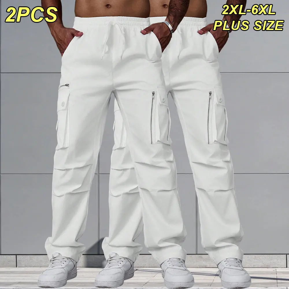 2XL–6XL Plus Size Men’s White Cargo Pants — Straight-Leg Casual Pants with Multiple Zipper Pockets, Loose Drapey Outdoor Functional Style Long Pants, Adjustable Elastic Waist with Drawstring, Suitable for Daily Commuting, Home Lounging, Fashionable Trend