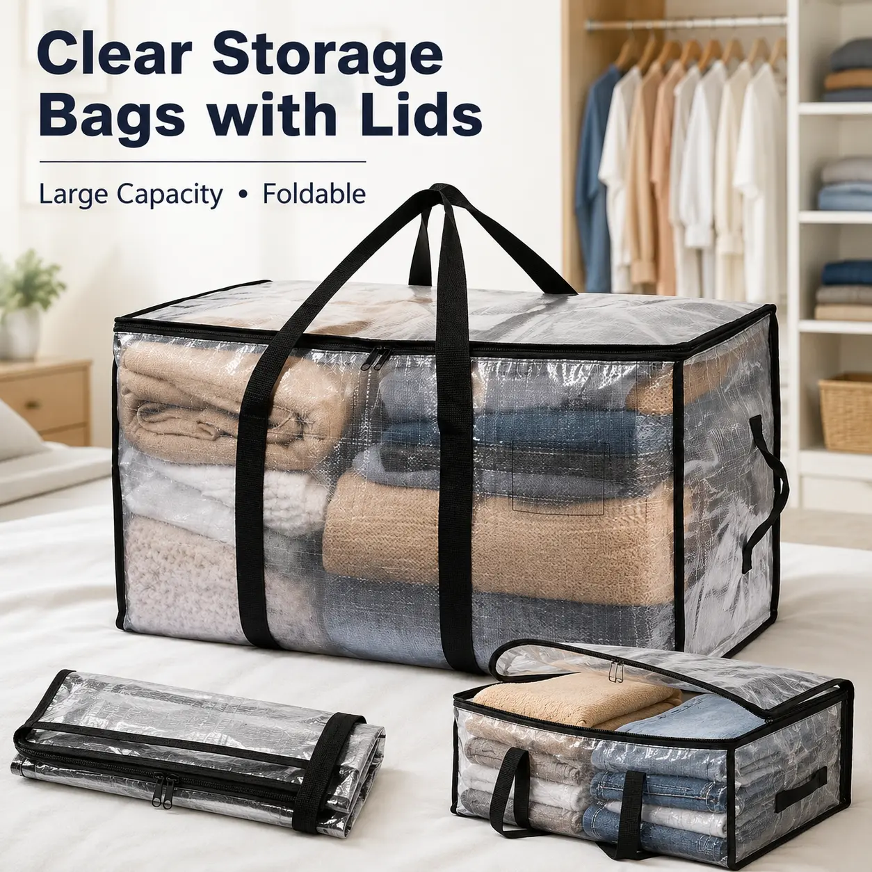 86L Clear Extra-Large Moving Storage Bags with Backpack Straps, Zipper Top, Reinforced Handles - Foldable Totes for Home Organiser, College Dorm Organization