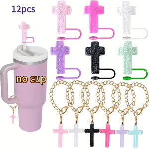 12pcs Glitter Cross Straw Toppers And Charms Set with Chains - Perfect for Stanley Cups, Party Decorations And Gifts for Men
