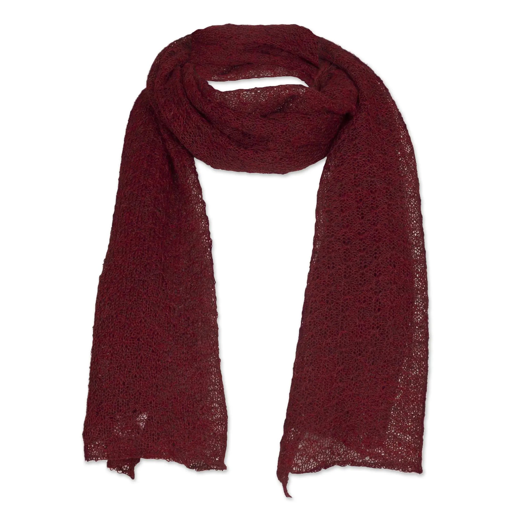 Novica Artisan Handmade 100% Baby Alpaca Scarf Textured Wrap Scarf In Wine From Peru Alpaca Wool Bury Solid [59In L X 17.75In W] Gossamer Wine
