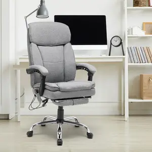 Reclining Office Chair with Massage & Footrest, Ergonomic Computer Desk Chair with Adjustable Height, 8-Mode Vibration, 130° Recline & Thick Padded Seat, Breathable Fabric Executive Chair, Gray