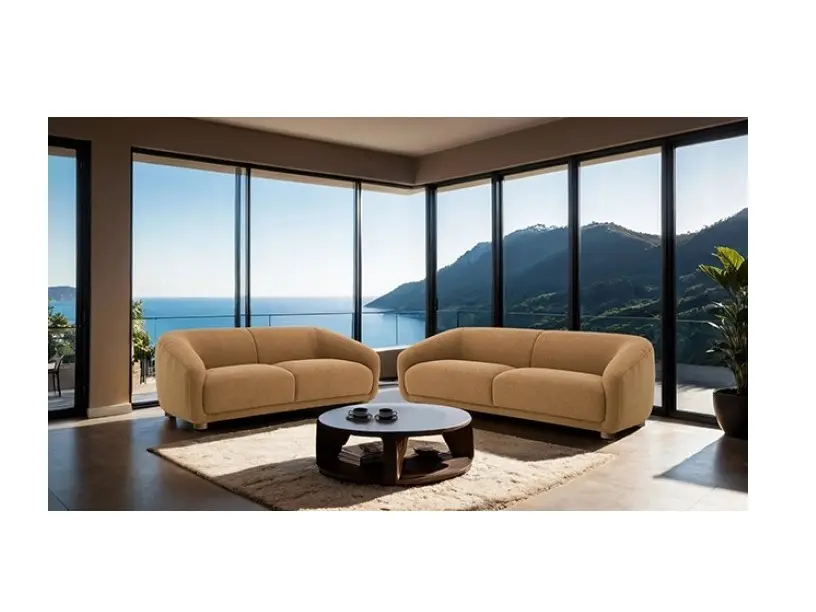 FM61006BR-2PC Kolvere Brown Boucle Fabric Sofa & Love Seat Set with Soft Curved Sloped Arms 2-Piece Modern Living Room Furniture