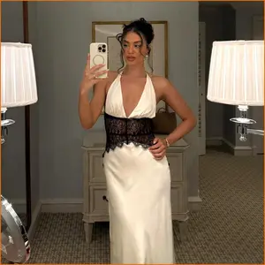 KODA & CO 04 2025 Summer New Elegant Deep V Satin Maxi Dress Patchwork Halter High Waist Sexy Dress