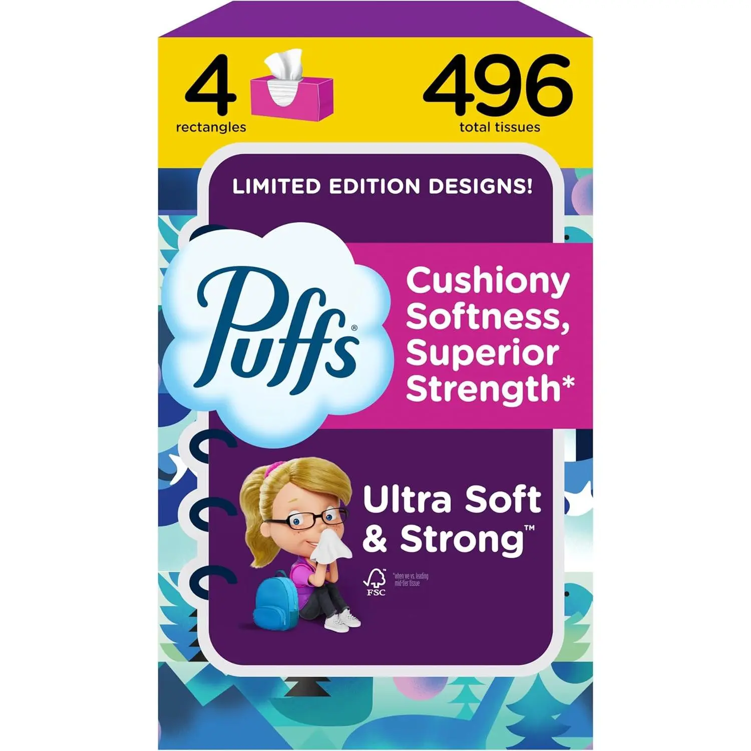 Puffs Ultra Soft Facial Tissues, 4 Family Boxes, 124 Tissues per Box