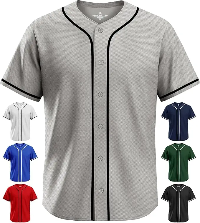Exxact Sports Blank Baseball Jersey Men, Full Button Down Plain Baseball Jersey, Sports Uniforms Men Women Jersey - (Grey) Baseball Jersey for Fans