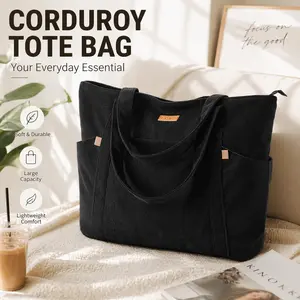 Lekespring Women's Waterproof Plain Corduroy Tote Bag, Large Double-Handle Shoulder Bag with 15.6-in Laptop Compartment & Zippered Closure, Elegant Shopper for Work-School, Tote Bags