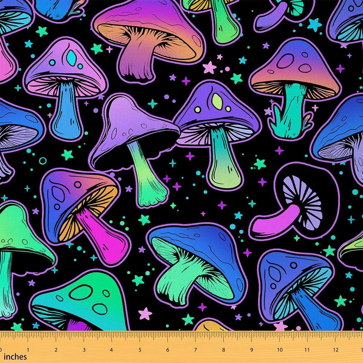 Mushroom Flannel Fabric,Cute Plant Upholstery Fabric,Ombre Cartoon Kawaii Soft Decorative Neon Star Indoor DIY Art Purple Teal,Not Stretchy
