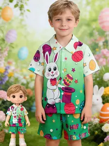 Easter Bunny Egg Gradient Print Lapel Front Button Short Sleeve Top + Shorts Set, Casual Outdoor Wear, Spring Summer Fashion