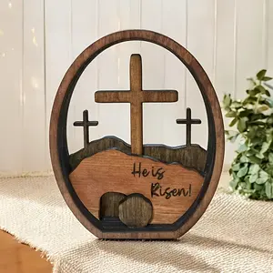 1/2 pieces of empty tomb Easter scene and cross 3D decoration, Wooden Cross Decorations, wooden Easter resurrection scene cross Jesus tomb tray, Jesus Christmas scene decoration is suitable for religious family office desktop