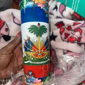 Haiti Flag Theme 20oz Skinny Tumbler - Vibrant Color Design with Palm Tree and Flag Elements - Bottle, Drinkware